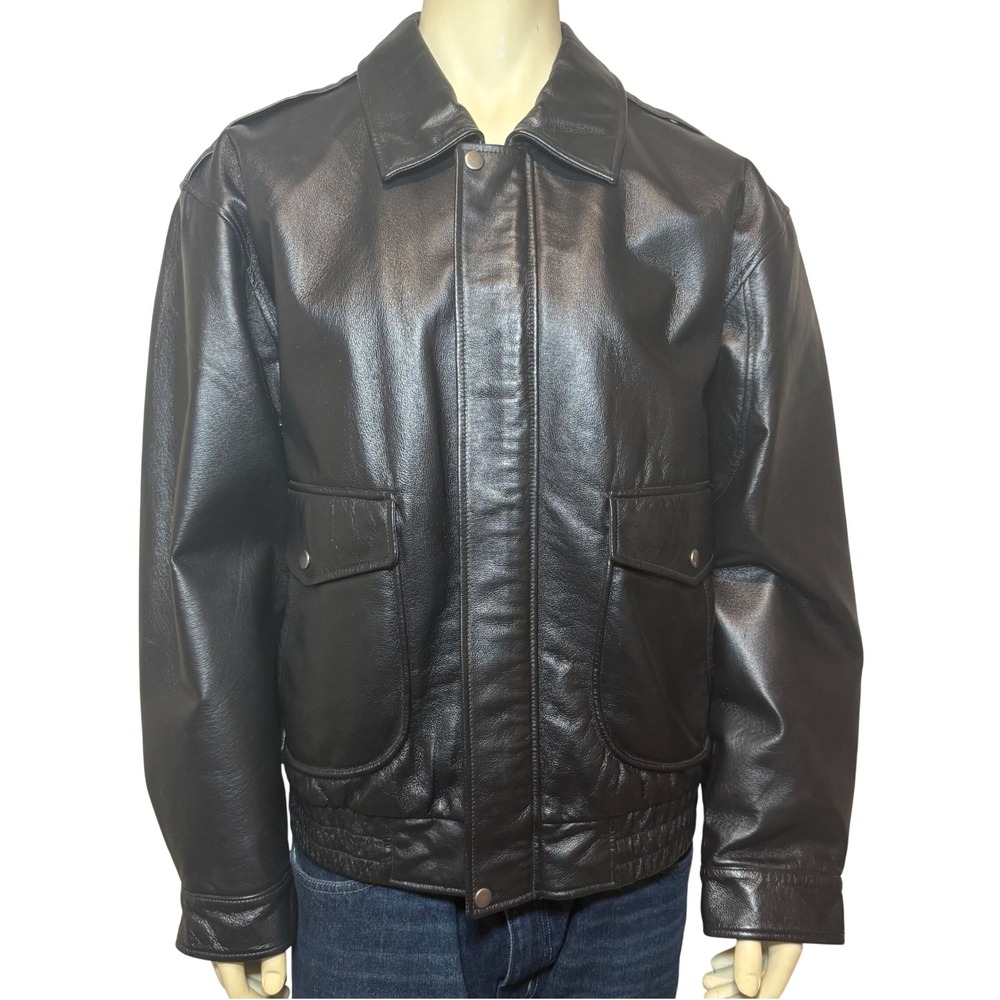 Vintage St Johns Bay Mens Black Genuine Leather Bomber Flight Jacket Map‎ Lining
